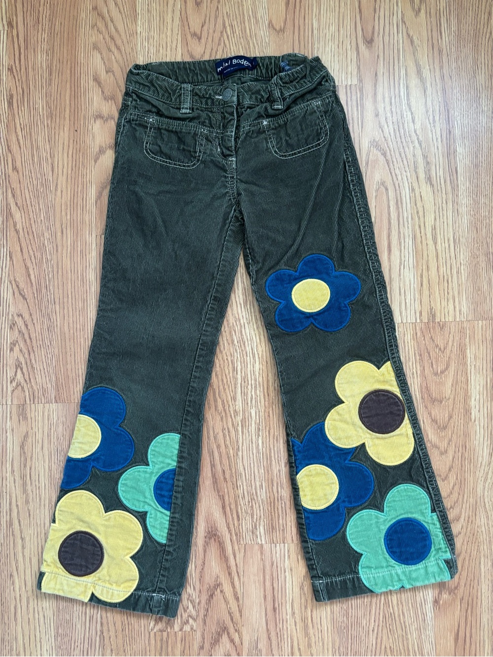 Mini Boden Olive Corduroy Pants with Bright Floral Appliqués